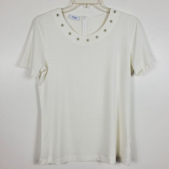 Akris Punto Grommet Modal Top Zip Back Short Sleeve Eyelet Designer White Sz 10 - Picture 1 of 10